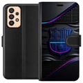 Miniatyrbilde 1 av 3: Kompatibelt Lommeboketui til Samsung Galaxy A33 5G FC Barcelona-emblem i neonblått og rosa med futuristisk metallfølelse