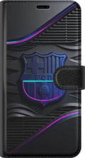 Pikkukuva 3 / 3: Yhteensopiva Lompakkokotelo Samsung Galaxy A32 5G FC Barcelonan tunnus neoninsinisenä ja vaaleanpunaisena futuristisella metallipinnalla