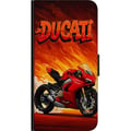 Miniatyrbilde 2 av 2: Kompatibelt Lommeboketui til Samsung Galaxy A03s Ducati rød sportsmotorsykkel mot en brennende bakgrunn fartsfylt motiv for motorentusiaster