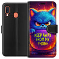 Miniatyrbillede 1 af 2: Kompatibel Tegnebogsetui til Samsung Galaxy A20e Vred, lodden blå kat med teksten Keep Away From My Phone i neonfarver og flammelignende effekter, hu