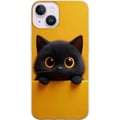 Miniatyrbild 1 av 3: Kompatibelt Mobilskal till Apple iPhone 14 Plus Söt svart katt med stora ögon på gul bakgrund – minimalistisk djurillustration med varm färg och mjuk