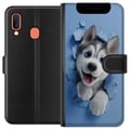 Pikkukuva 1 / 2: Yhteensopiva Lompakkokotelo Samsung Galaxy A20e Suloinen huskynpentu kurkistaa rikkinäisen seinän läpi suuret siniset silmät loistaen pehmeässä 3D-ty