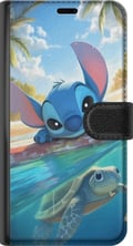 Pikkukuva 3 / 3: Yhteensopiva Lompakkokotelo Samsung Galaxy S23 FE Stitch kilpikonnalla - söpö sininen avaruusolento trooppisessa rantaympäristössä Disneyn tapaan