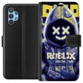 Miniatyrbillede 1 af 3: Kompatibel Tegnebogsetui til Samsung Galaxy A32 5G Blå-gul Roblox-inspireret hoodie-figur med maske og minimalistisk neonstil, stilren spilillustrati