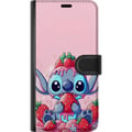 Pikkukuva 3 / 3: Yhteensopiva Lompakkokotelo Samsung Galaxy S23+ Stitch Strawberry Love – söpö aihe, jossa on sininen hahmo ja mansikoita vaaleanpunaisessa pastellite