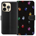 Miniatyrbillede 1 af 3: Kompatibel Tegnebogsetui til Apple iPhone 14 Pro Among Us-mønster med farverige figurer i rummet, legende gamingmotiv til Among Us-fans