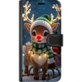 Pikkukuva 3 / 3: Yhteensopiva Lompakkokotelo Google Pixel 6a Jouluinen poro, jolla on hohtavat sarvet, punainen nenä ja neulottu vihreä pipo, seisoo reen edessä lumis