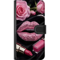 Pikkukuva 3 / 3: Yhteensopiva Lompakkokotelo Samsung Galaxy S23+ vaaleanpunainen glitter huulet meikki timantit ruusut kynsilakka muoti glamour kauneus juliste vaalea
