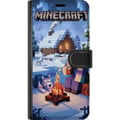 Miniatyrbilde 3 av 3: Kompatibelt Lommeboketui til Samsung Galaxy A52s 5G Minecraft-vintermotiv med Steve, ulv, leirbål og snødekt hytte, spillillustrasjon for Minecraft-f