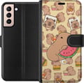Miniatyrbild 1 av 3: Kompatibelt Plånboksfodral till Samsung Galaxy S21 Capybara Snack Tid Söta capybaror njuter av vattenmelon pizza och popcorn i en varm och lekfull de