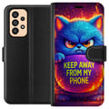 Miniatyrbilde 1 av 3: Kompatibelt Lommeboketui til Samsung Galaxy A53 5G Sint, lodden blå katt med teksten Keep Away From My Phone i neonfarger og flamlignende effekter, h