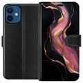 Miniatyrbillede 1 af 3: Kompatibel Tegnebogsetui til Apple iPhone 12 Abstrakte bølger i sort med lyserøde striber og guldfarvede kanter som flydende marmor mod en mørk baggr