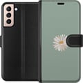 Miniatyrbild 1 av 3: Kompatibelt Plånboksfodral till Samsung Galaxy S21 Grön Minimalblomma – stilren blomma på grön bakgrund