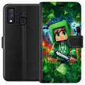 Miniatyrbillede 1 af 2: Kompatibel Tegnebogsetui til Samsung Galaxy A40 Minecraft-gamerdreng i grøn hættetrøje – tegnet Minecraft-dreng med sværd, pixels og eventyrtema