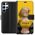 Pikkukuva 1 / 3: Yhteensopiva Lompakkokotelo Samsung Galaxy S22 Ultra 5G Keltainen animesta inspiroitunut kuvitus, jossa on vaaleahiuksinen hahmo, voimakas tausta, ka