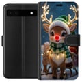 Pikkukuva 1 / 3: Yhteensopiva Lompakkokotelo Google Pixel 6a Jouluinen poro, jolla on hohtavat sarvet, punainen nenä ja neulottu vihreä pipo, seisoo reen edessä lumis