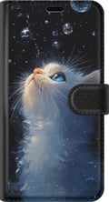 Miniatyrbilde 2 av 3: Kompatibelt Lommeboketui til Samsung Galaxy A16 5G Drømmende stjernekatt med en hvit katt som ser mot stjernene, et drømmende og magisk motiv for kat