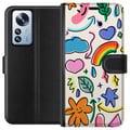 Pikkukuva 1 / 3: Yhteensopiva Lompakkokotelo Xiaomi 12 Pro Doodle-kuvitus, jossa on tähtiä, sydämiä, sateenkaari, pilviä, lehtiä ja nuolia – täydellinen sinulle, joka