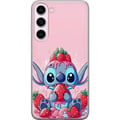 Pikkukuva 1 / 3: Yhteensopiva Puhelinkuori Samsung Galaxy S23+ Stitch Strawberry Love – söpö aihe, jossa on sininen hahmo ja mansikoita vaaleanpunaisessa pastelliteem