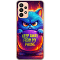 Miniatyrbilde 1 av 3: Kompatibelt Mobildeksel til Samsung Galaxy A23 Sint, lodden blå katt med teksten Keep Away From My Phone i neonfarger og flamlignende effekter, humor