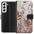 Miniatyrbillede 1 af 3: Kompatibel Tegnebogsetui til Samsung Galaxy S22 5G Beige marmor med guldglimmerstruktur, elegant design med luksuriøs følelse, perfekt til moderne st