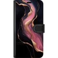 Miniatyrbillede 3 af 3: Kompatibel Tegnebogsetui til Apple iPhone 12 Abstrakte bølger i sort med lyserøde striber og guldfarvede kanter som flydende marmor mod en mørk baggr