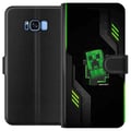 Miniatyrbilde 1 av 3: Kompatibelt Lommeboketui til Samsung Galaxy S8 Grønn pikselbasert, creeperlignende spillillustrasjon i futuristisk neonstil for gamingrom