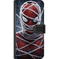 Miniatyrbillede 3 af 3: Kompatibel Tegnebogsetui til Samsung Galaxy S9+ Spider-Man dækket af tætte netlag i et dramatisk nærbillede, der fremhæver maskens struktur, intensit