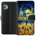 Miniatyrbilde 1 av 3: Kompatibelt Lommeboketui til Samsung Galaxy A32 5G Fotballplakat av Viktor Gyökeres i gulblå fargeskala med dramatisk stadionbakgrunn, sportsillustra