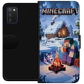 Miniatyrbilde 1 av 2: Kompatibelt Lommeboketui til Samsung Galaxy A03s Minecraft-vintermotiv med Steve, ulv, leirbål og snødekt hytte, spillillustrasjon for Minecraft-fans