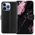 Miniatyrbillede 1 af 4: Kompatibel Tegnebogsetui til Apple iPhone 13 Pro Sort og lyserødt marmormønster med kraftige kontraster, skarpe revnelinjer og poleret stenæstetik