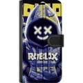 Pikkukuva 3 / 3: Yhteensopiva Lompakkokotelo Google Pixel 6a Sinikeltainen Roblox-henkinen hupparihahmo maskilla ja minimalistisella neon-tyylillä, tyylikäs pelikuva