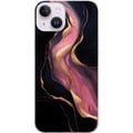 Miniatyrbild 1 av 3: Kompatibelt Mobilskal till Apple iPhone 14 Plus Abstrakta vågor i svart med rosa stråk och guldfärgade kanter som flytande marmor mot mörk bakgrund