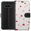 Miniatyrbild 1 av 3: Kompatibelt Plånboksfodral till Samsung Galaxy S10+ Cherry Hearts and Bows med körsbär rosa rosetter och hjärtan i charmig och gullig design