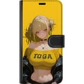 Pikkukuva 3 / 3: Yhteensopiva Lompakkokotelo Samsung Galaxy S22 Ultra 5G Keltainen animesta inspiroitunut kuvitus, jossa on vaaleahiuksinen hahmo, voimakas tausta, ka