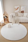 Miniatyrbillede 2 af 6: Fluffy Rund Tæppe 120 cm Offwhite - Vaskbart og Blødt Polyester