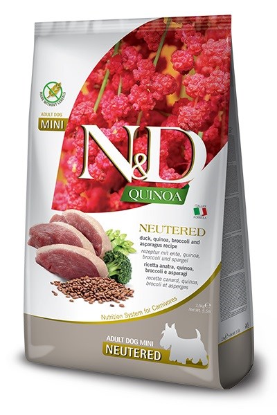 FARMINA N&D Quinoa Hund Anka. Broccoli. Sparris Neutered Adult Mini - torrfoder för hundar - 2,5 kg