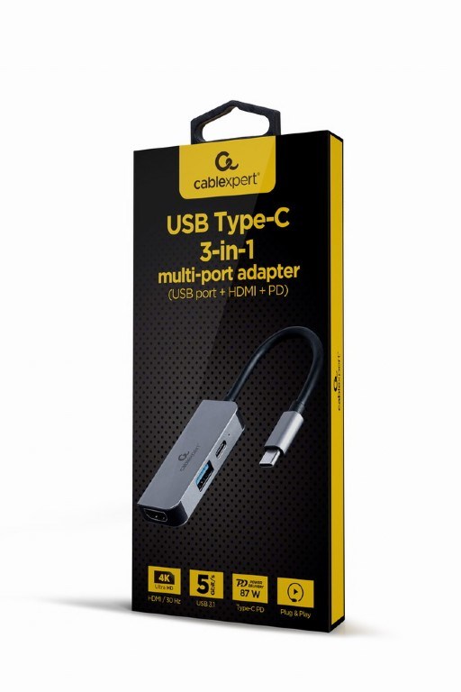 Gembird A-CM-COMBO3-02 USB Type-C 3-in-1 -moniporttisovitin (USB-portti + HDMI + PD), hopea