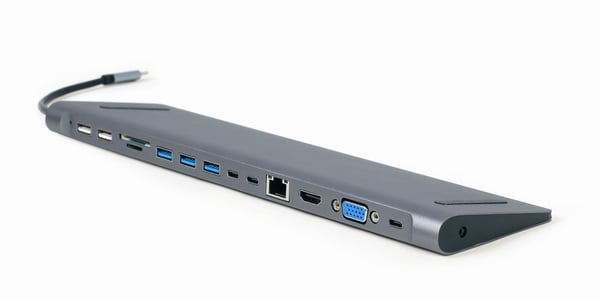 Gembird A-CM-COMBO9-01 USB Typ-C 9-i-1 multiportadapter (USB-hubb + HDMI + VGA + PD + kortläsare + LAN + 3,5 mm ljud). rymdgrå