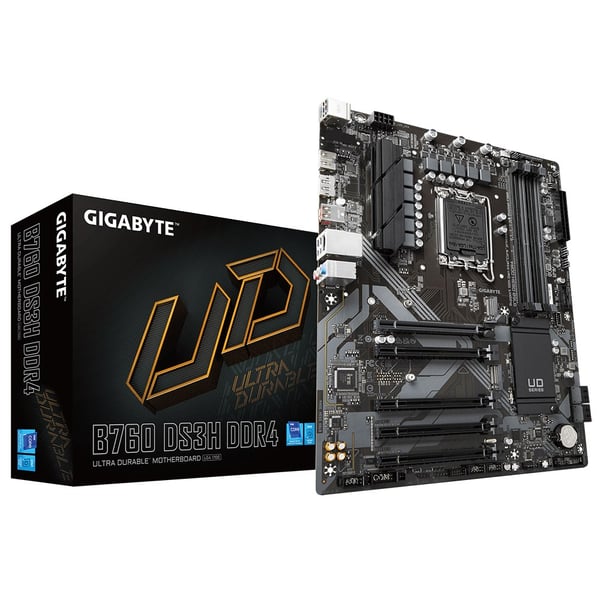 Gigabyte B760 DS3H DDR4-moderkort - Stöder Intel Core 14:e processorer, 18+2+1 fas digital VRM, upp till 5333 MHz DDR4 (OC), 2xPCIe 4.0 M.2, GbE LAN,