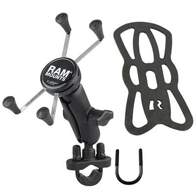 RAM Mounts X-Grip -puhelinteline, jossa on suurikokoinen U-pulttikiinnitys ohjaustankoon