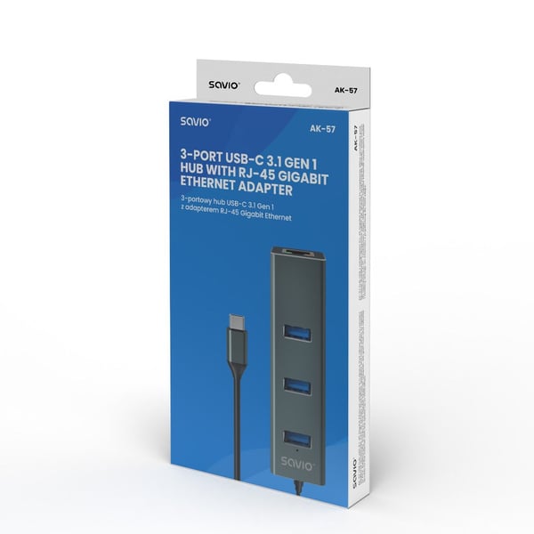 Savio AK-57 USB-C - 3 x USB-A HUB med RJ-45 Gigabit Ethernet-adapter, 5000 Mbit/s, grå