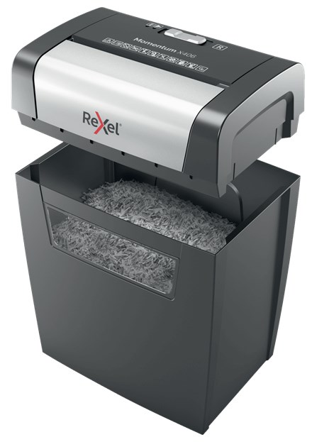 Rexel Momentum X406 papirmakulator Partikelskåret makulering Blå, Grå