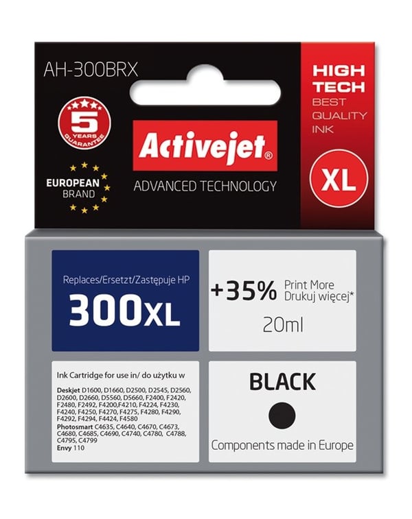 Activejet AH-300BRX-blæk (erstatning for HP 300XL CC641EE; Premium; 20 ml; sort)