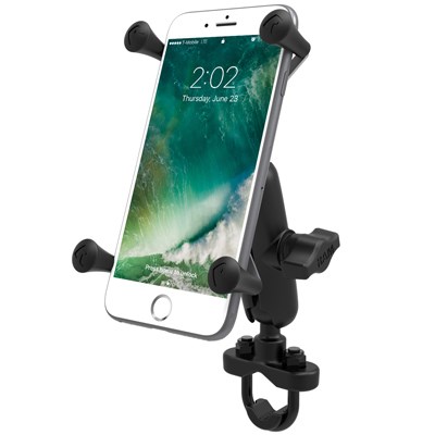 RAM Mounts X-Grip -puhelinteline, jossa on suurikokoinen U-pulttikiinnitys ohjaustankoon
