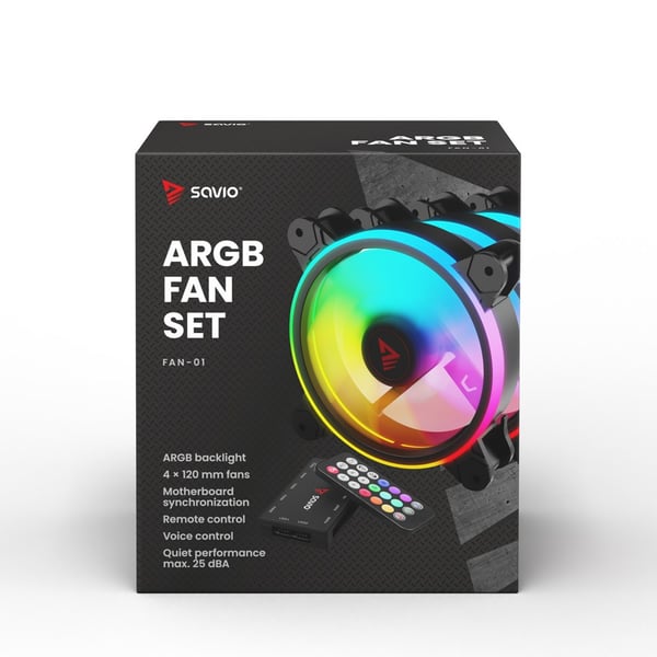 SAVIO FAN-01 4-pak 120 mm ARGB-blæser inklusive controller og fjernbetjening