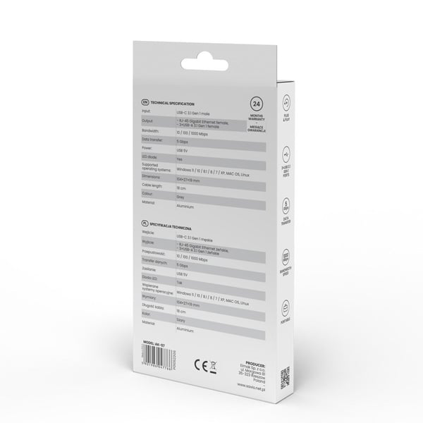 Savio AK-57 USB-C - 3 x USB-A HUB med RJ-45 Gigabit Ethernet-adapter, 5000 Mbit/s, grå