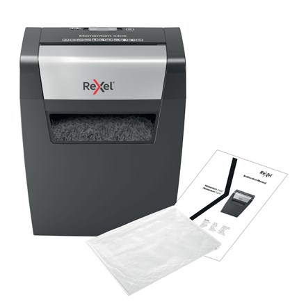 Rexel Momentum X406 papirmakulator Partikelskåret makulering Blå, Grå