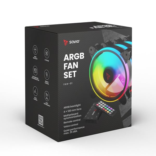 SAVIO FAN-01 4-pak 120 mm ARGB-blæser inklusive controller og fjernbetjening
