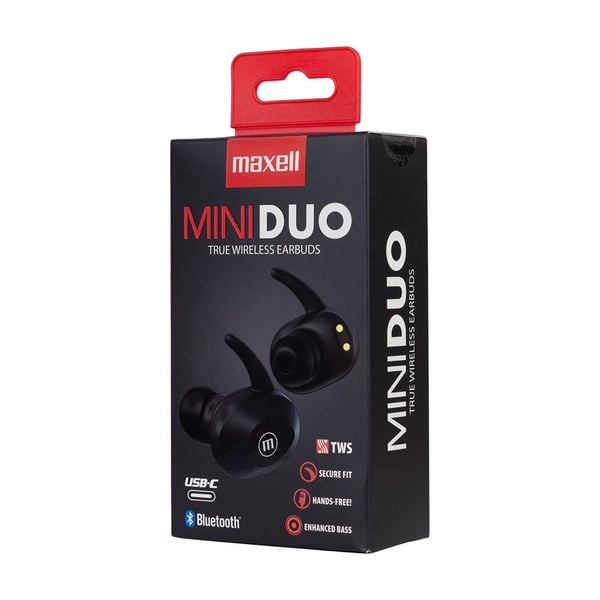 MAXELL MINI DUO Trådløse in-ear hovedtelefoner med opladningsetui, sort